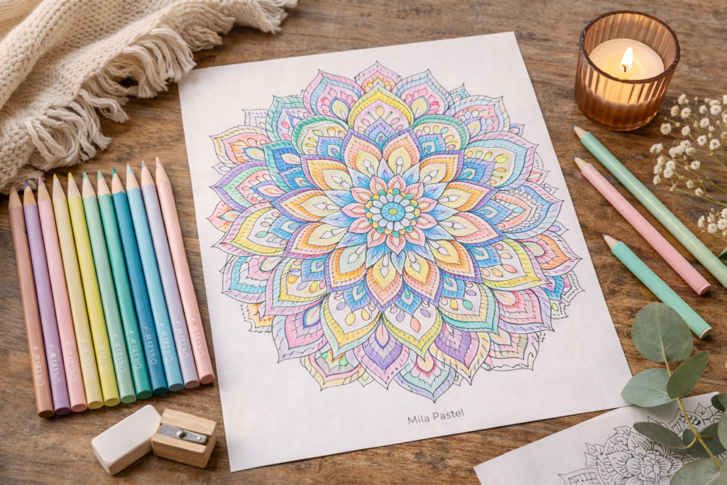 mandala Mila Pastel colorié avec soin