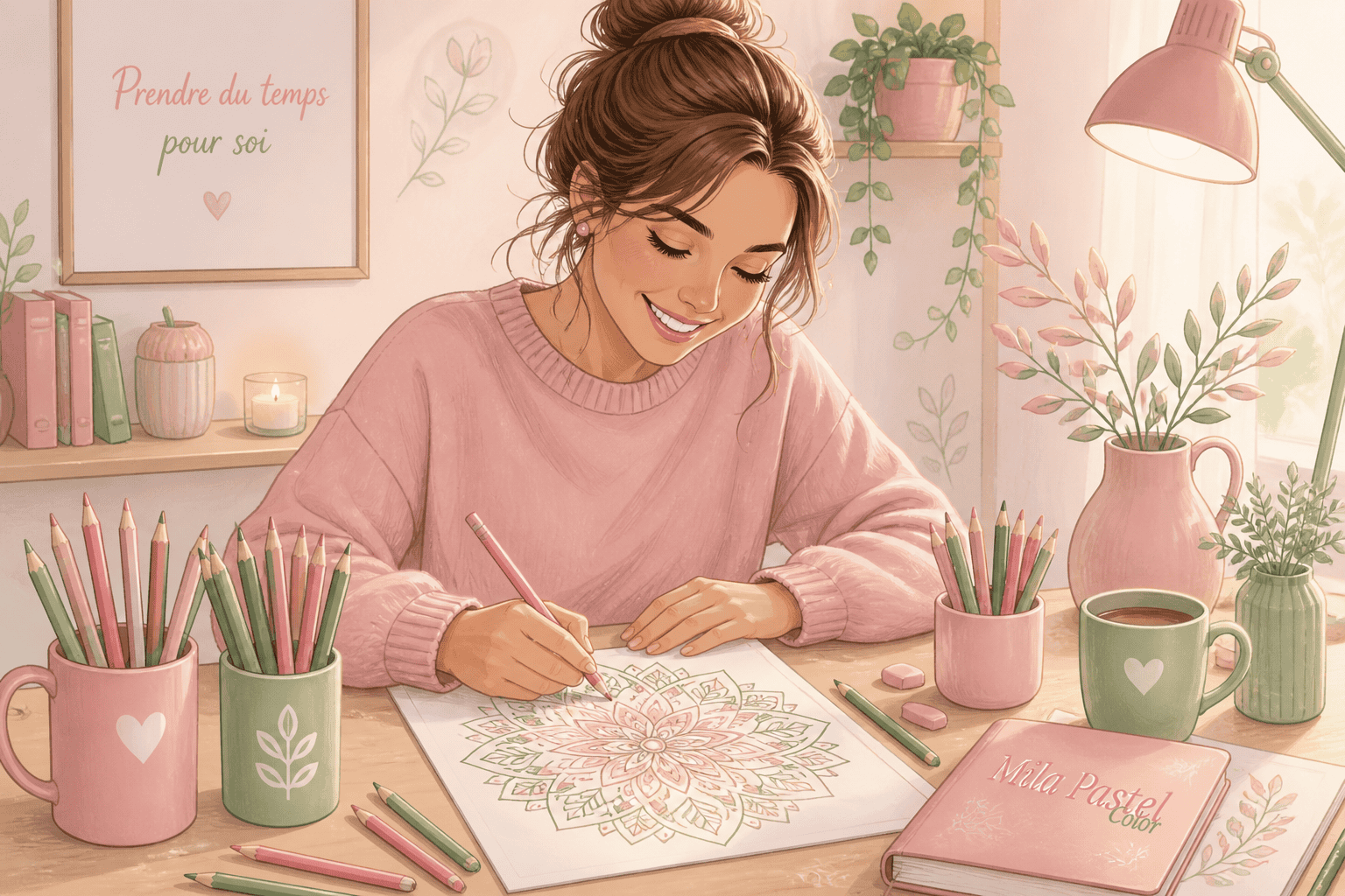 Femme qui colorie un mandala - Mila Pastel Color